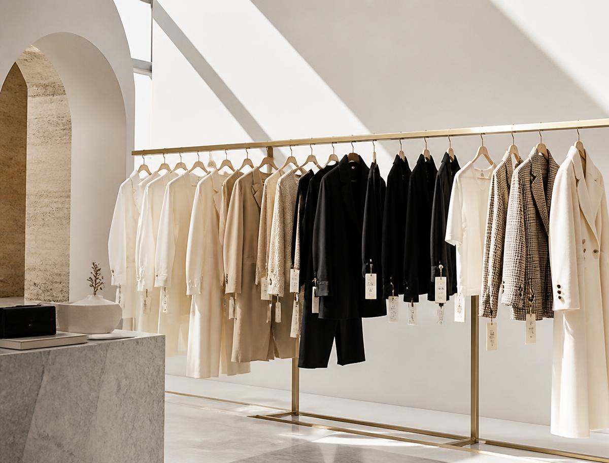 Rail of branded clothing in a bright supplier showroom